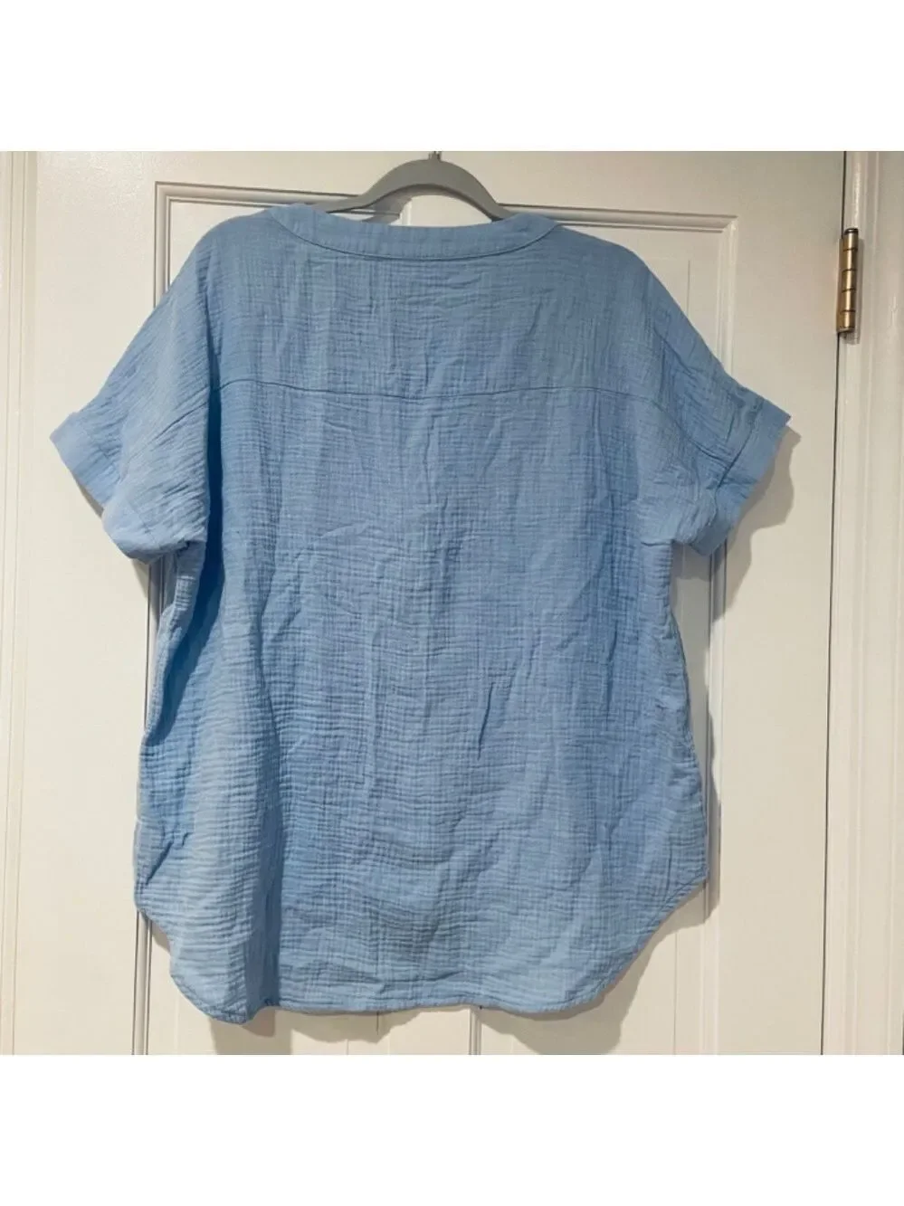 Cupshe Light Blue V-Neck Button Front Crochet-Trim Blouse